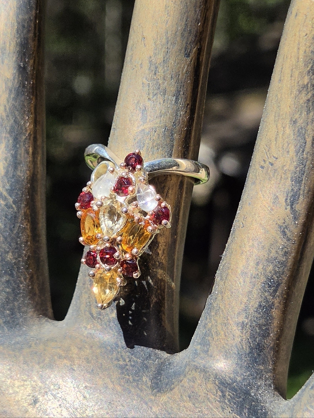Citrine Moonstone Rhodalite & Green Amethyst Sterling White Gold Ring Sz7.5 - Picture 6 of 8